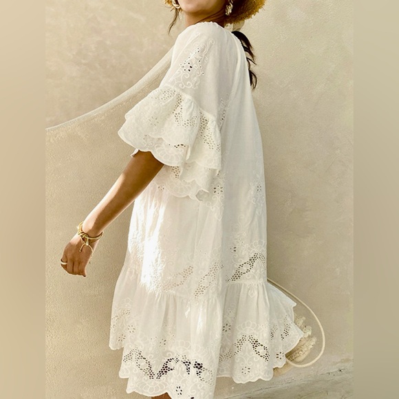 ♥️Hello Gorgeous! Eyelet Embroidered Tassel Tie Neck Dress - Picture 3 of 10